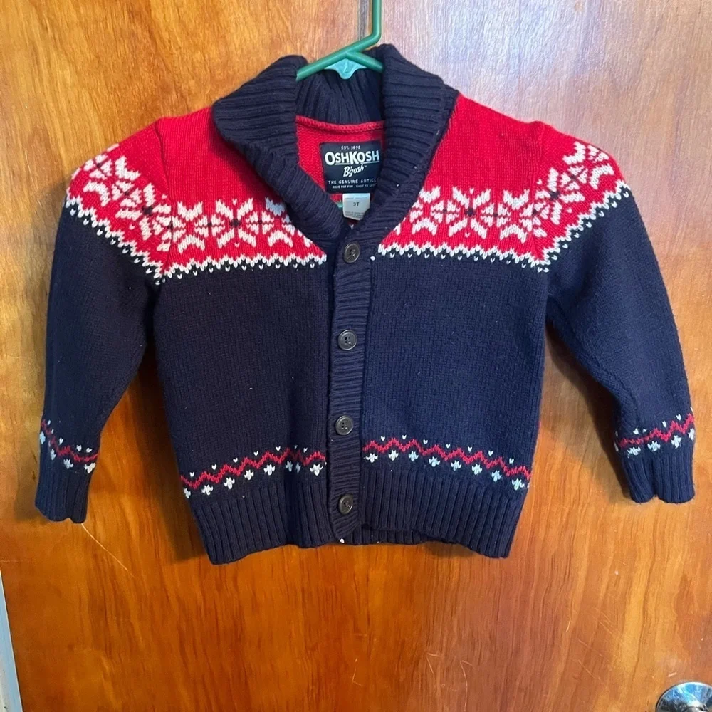 3T OshKosh B'gosh Boy's Red White & Blue Nordic Cardigan Sweater - Picture 4 of 4